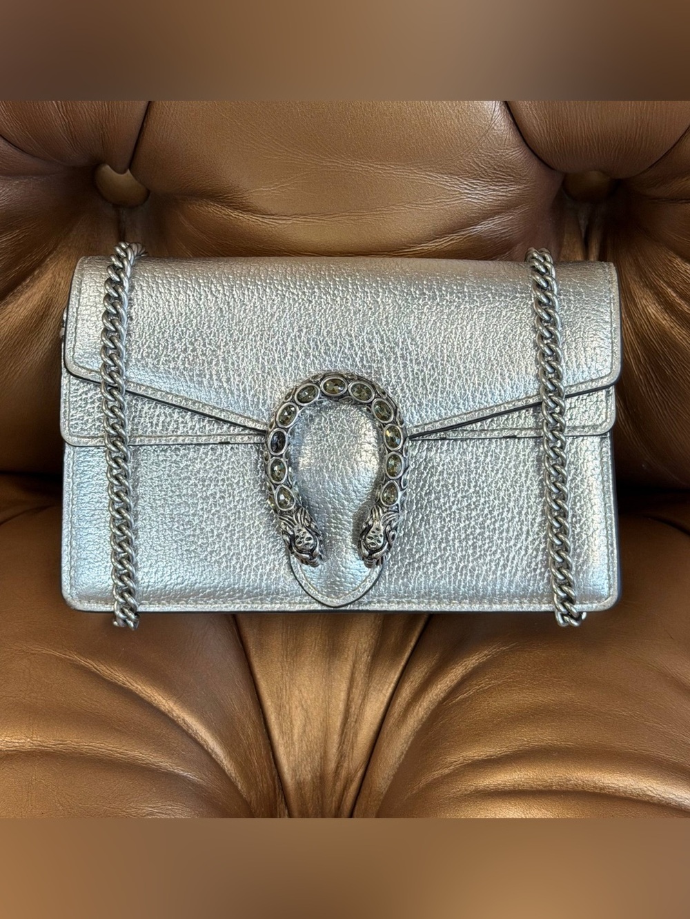 Gucci Dionysus Metallic Silver Super Mini Shoulder Bag Chain Strap Tiger Metal H